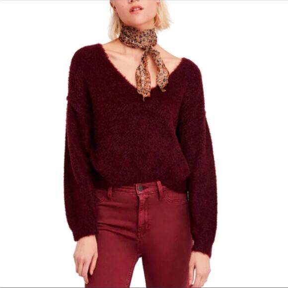 Free People Princess Sweater Alpaca Wool maroon fuzzy V neck Small Oversized - Picture 2 of 9